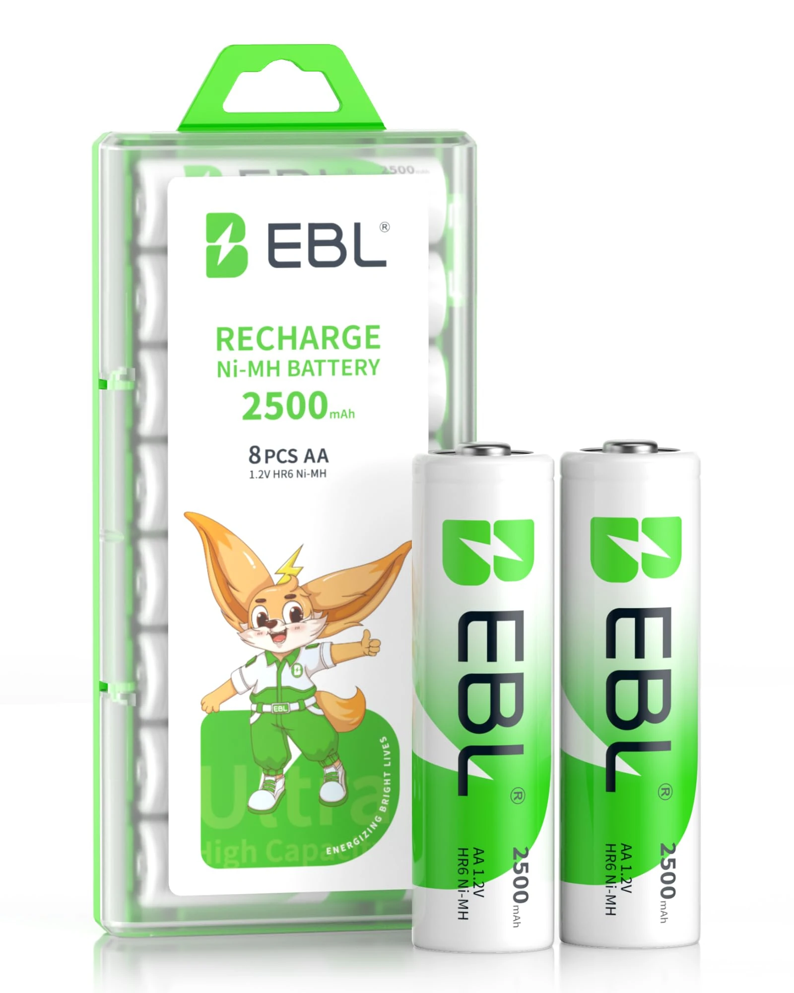 EBL Rechargeable AA Batteries High Performance 2500mAh AA 1.2V Ni-Mh Rechargebale Batteries Pack of 8 with Storage Case