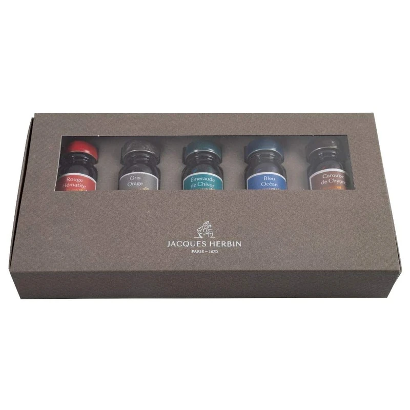 Jacques Herbin 14000JT - A set of 5 bottles of 1670 gold glitter ink for fountain pen, rollerball, glass nib and 10 ml fountain pen holder, 5 assorted Colours