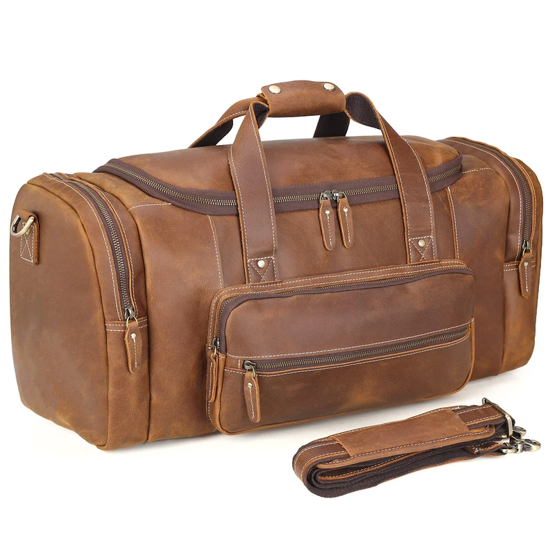 Polare 23" Full Grain Cowhide Leather Gym Duffle Weekender Overnight Travel Duffel Bag for Men, Light Brown(23"), XL, Retro