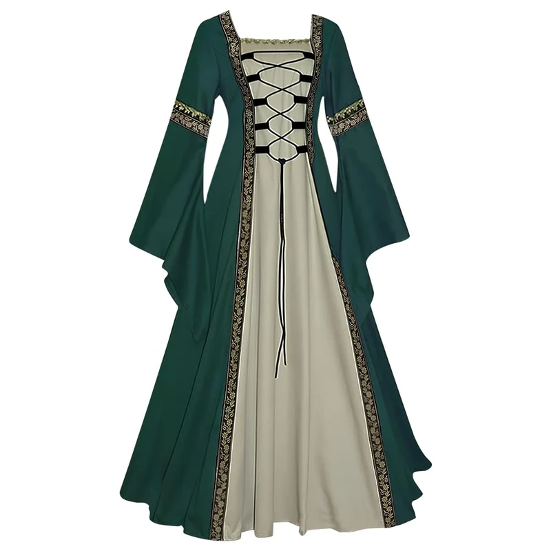 Feynman Medieval Costume Women - Retro Medieval Dress Gothic Palace Ladies Trumpet Sleeves Party Renaissance Costume, Green, 5XL - Image 1