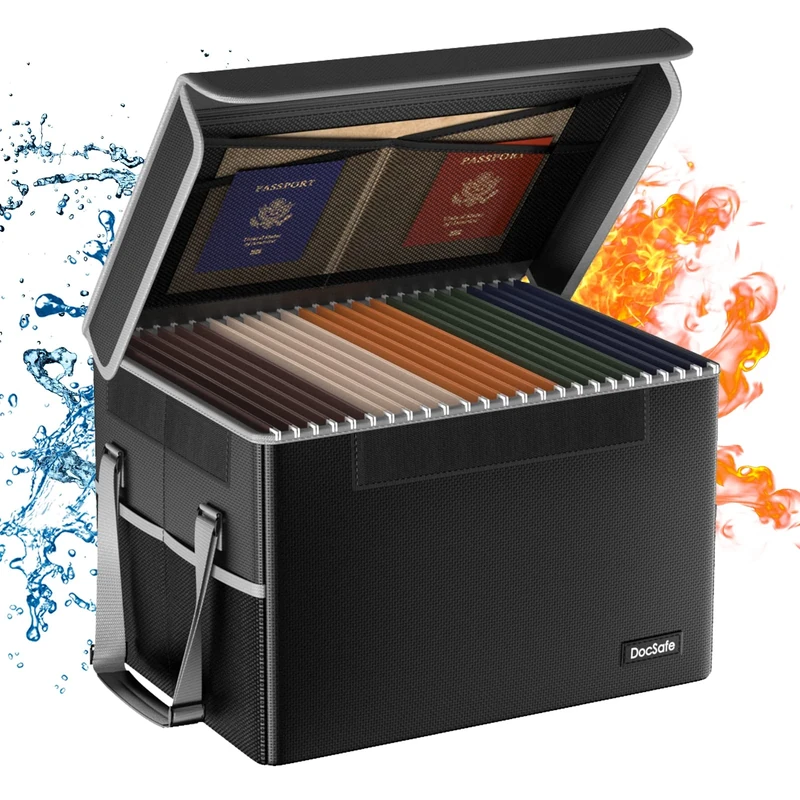 DocSafe Fireproof File Box with Lid Collapsible Document Storage Box for Letters/Legal Documents Portable Home Office with Handle Black