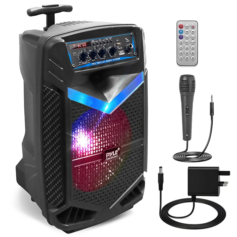 Pyle, Portable PA System, Active Speakers, Powered Speakers –400W Rechargeable Outdoor Bluetooth Speaker- w/ 18” Subwoofer 1” Tweeter, Microphone and Speaker, PartyBox Lights, Recording, USB/SD/Radio