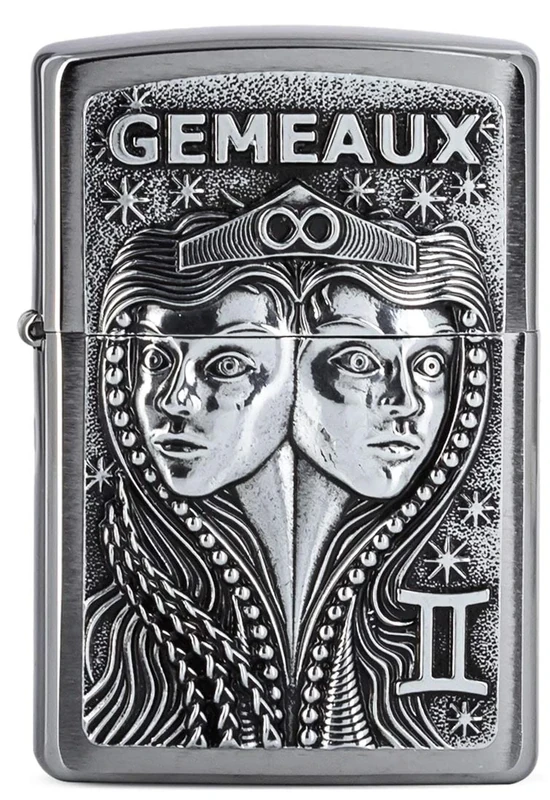 Zippo Windproof Lighter, Zodiac Gemini Design – Brushed Chrome, Emblem – Refillable, Reusable, Windproof Design – Comes in Gift Box – Made in USA