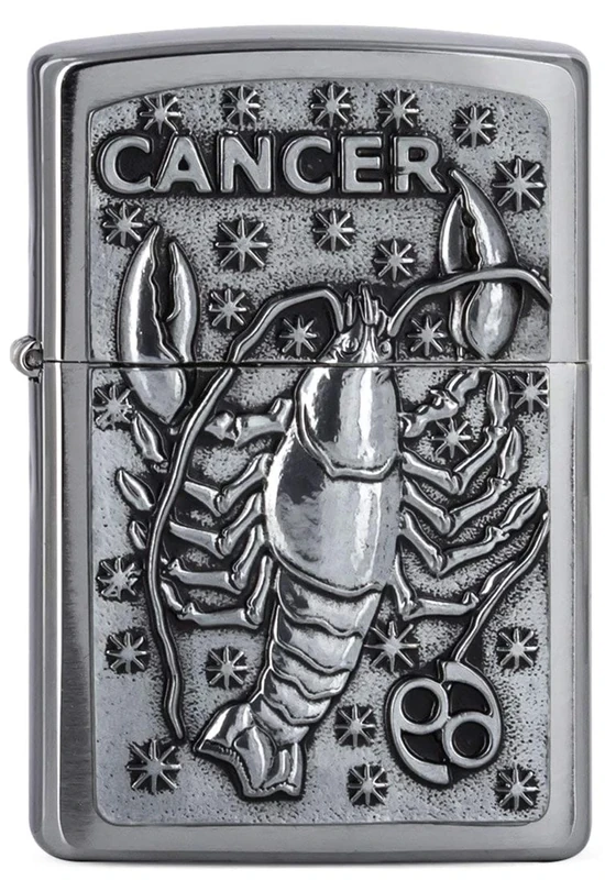Zippo Windproof Lighter, Zodiac Cancer Design – Brushed Chrome, Emblem – Refillable, Reusable, Windproof Design – Comes in Gift Box – Made in USA
