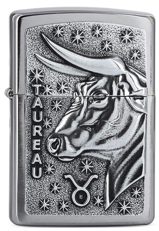 Zippo Windproof Lighter, Zodiac Taurus Design – Brushed Chrome, Emblem – Refillable, Reusable, Windproof Design – Comes in Gift Box – Made in USA