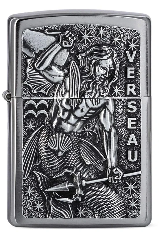 Zippo Windproof Lighter, Zodiac Aquarius Design – Brushed Chrome, Emblem – Refillable, Reusable, Windproof Design – Comes in Gift Box – Made in USA