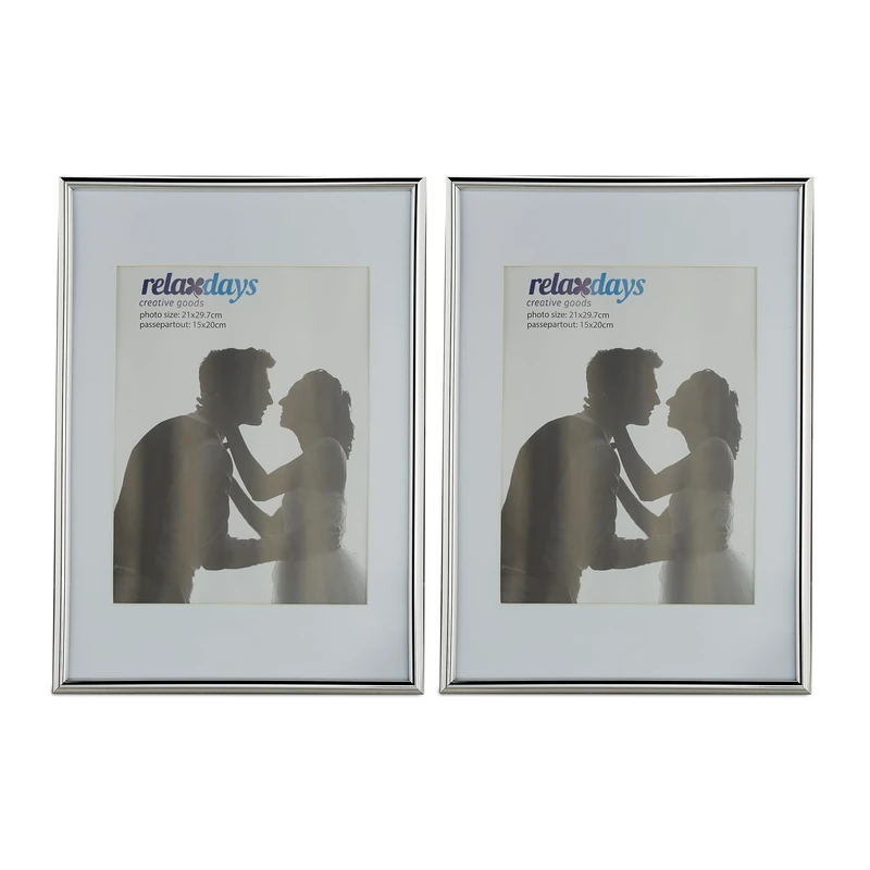 Relaxdays Photo Frame Set of 2, A4 Size, Passepartout 15 x 20 cm, Standing or Hanging, Silver