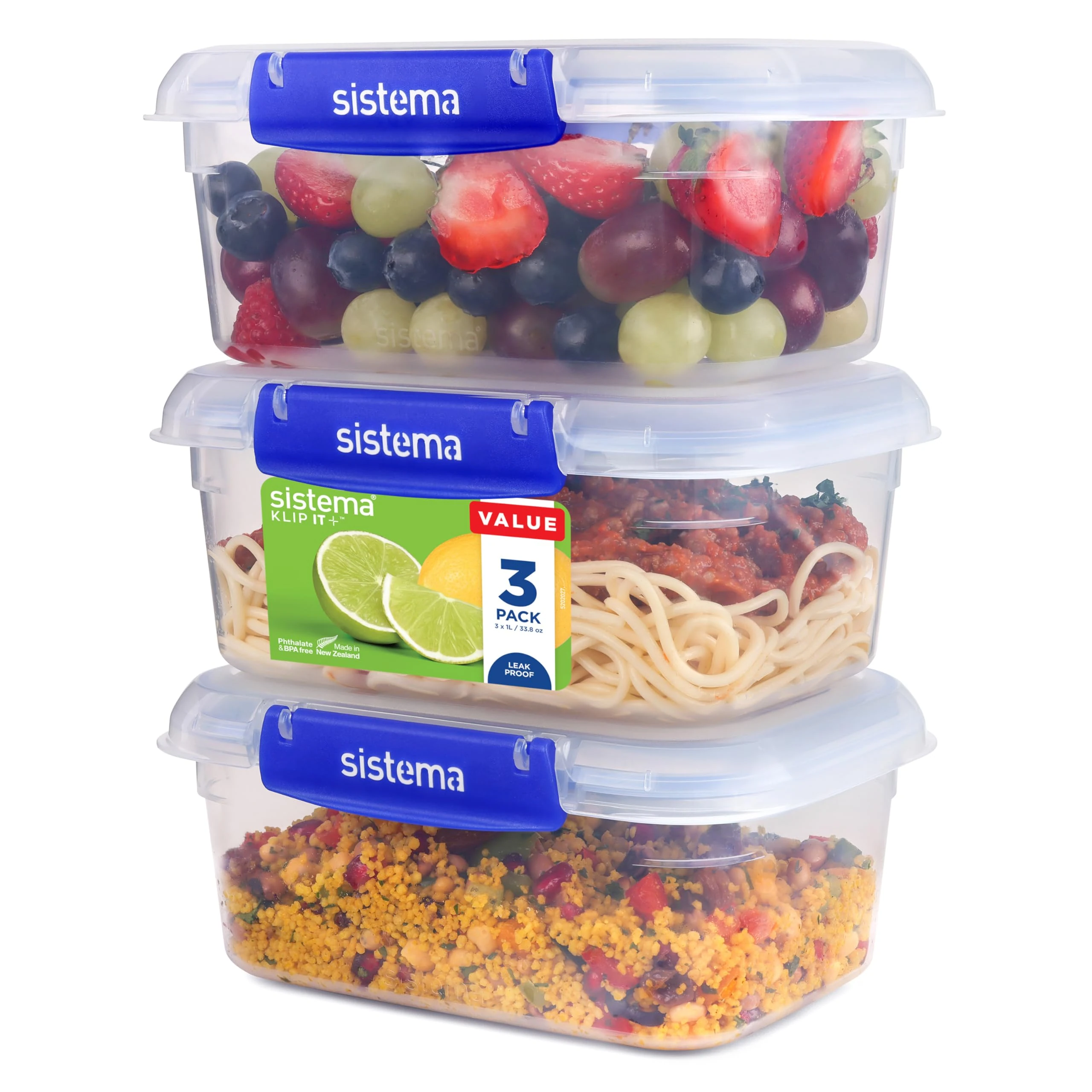 Sistema KLIP IT PLUS Leakproof Food Storage Containers | 1 L | AirtightStackable & Nestable Meal Prep Containers with Lids | School Lunch Boxes | 3 Count