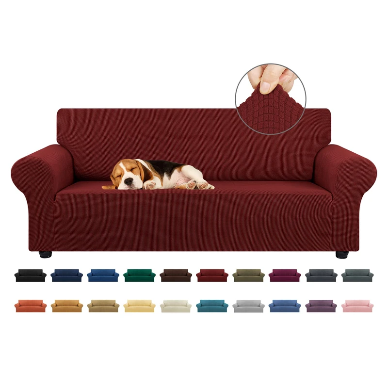KEKUOU Stretch Sofa Cover Slipcover ，Couch Covers for 3 Cushion Couch Sofa pet Friendly (79"-94") Furniture Protector Sofa with Elastic Bottom for Kids,Dog, Jacquard Small Checked(Large,Dark Red)