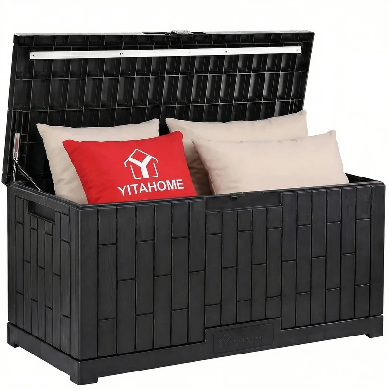 YITAHOME 450L Garden Storage Box Waterproof, Large Outdoor Storage Box with Lid, Lockable Deck Boxes Outdoor Storage Containers for Patio Cushions Garden Tools, Black, 140 x 66 x 59cm - Image 1