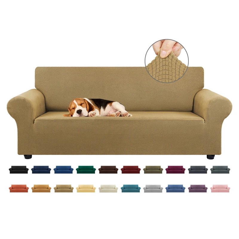 KEKUOU Stretch Sofa Cover Slipcover ，Couch Covers for 3 Cushion Couch Sofa pet Friendly (79"-94") Furniture Protector Sofa with Elastic Bottom for Kids,Dog, Jacquard Small Checked(Large,Tan) - Image 1