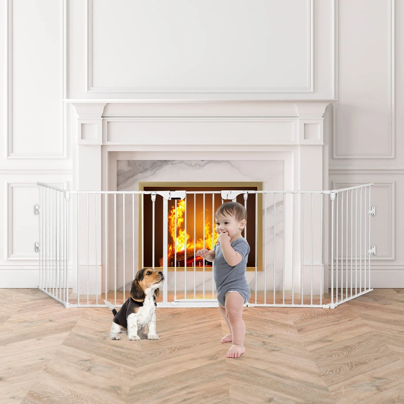 GYMAX 5 Panel Safety Gate, Fireplace Barrier Hearth Gate (White)