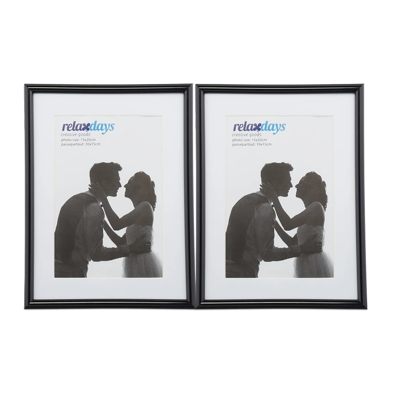 Relaxdays Photo Frame Set of 2, 15 x 20 cm, Passepartout 10 x 15 cm, Standing or Hanging, Black