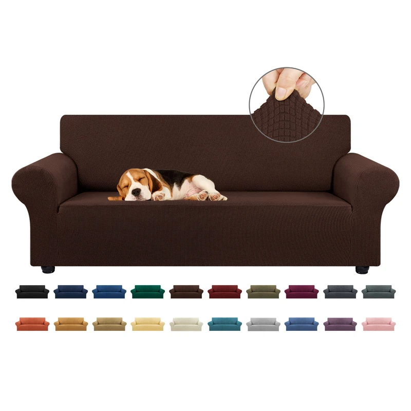 KEKUOU Stretch Sofa Cover Slipcover ，Couch Covers for 3 Cushion Couch Sofa (79"-94") Furniture Protector 3 Seater Sofa with Elastic Bottom for Kids,Dog, Jacquard Small Checked(Large,Chocolate)