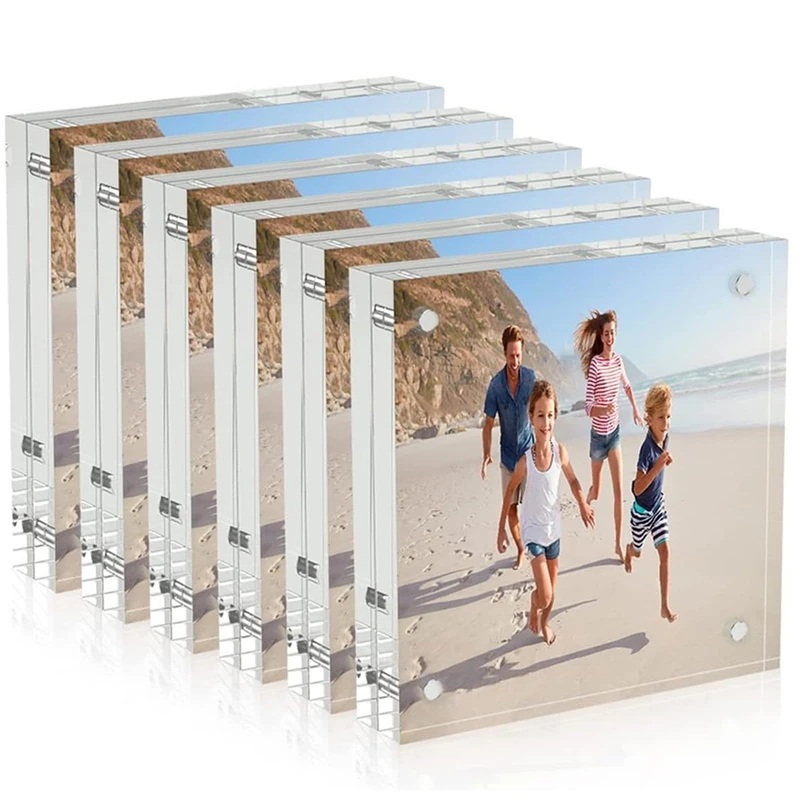 AITEE 4x4 Acrylic Picture Frames 6 Pack, 20% Thicker Block, Clear Picture Frames Freestanding Double Sided Magnetic Acrylic Lucite Frameless Transparent Square Frame Gift for Desktop Display