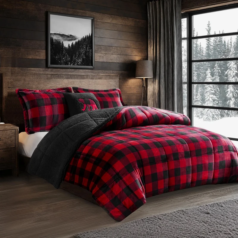 Woolrich Reversible Comforter Set, Polyester, Red/Black Buffalo Check, King