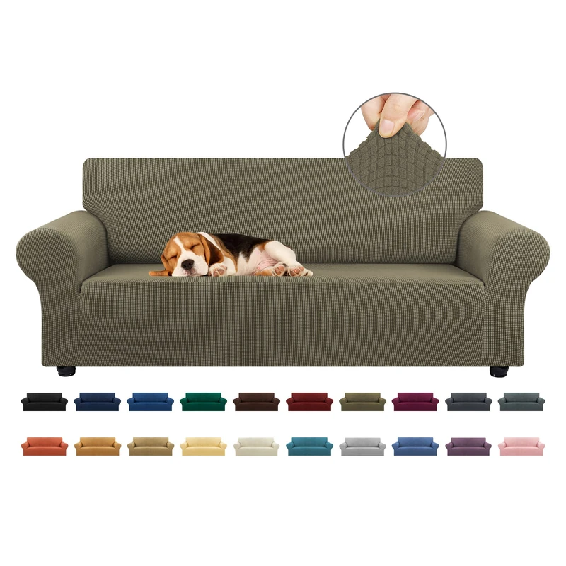 KEKUOU Stretch Sofa Cover Slipcover ，Couch Covers for 3 Cushion Couch Sofa (79"-94") Furniture Protector 3 Seater Sofa with Elastic Bottom for Kids,Dog, Jacquard Small Checked(Large,Khaki)