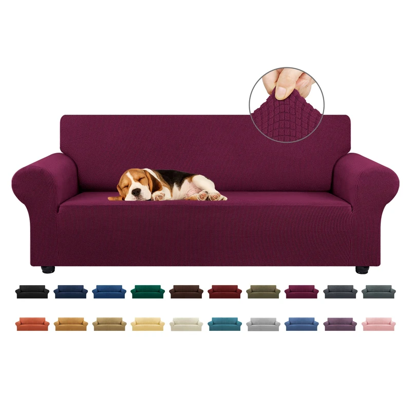KEKUOU Stretch Sofa Cover Slipcover ，Couch Covers for 3 Cushion Couch Sofa (79"-94") Furniture Protector 3 Seater Sofa with Elastic Bottom for Kids,Dog, Jacquard Small Checked(Large,Wine)