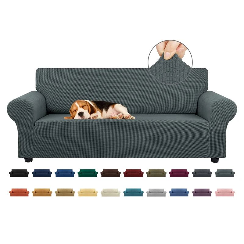 KEKUOU Stretch Sofa Cover Slipcover ，Couch Covers for 3 Cushion Couch Sofa (79"-94") Furniture Protector 3 Seater Sofa with Elastic Bottom for Kids,Dog, Jacquard Small Checked(Large,Grey)