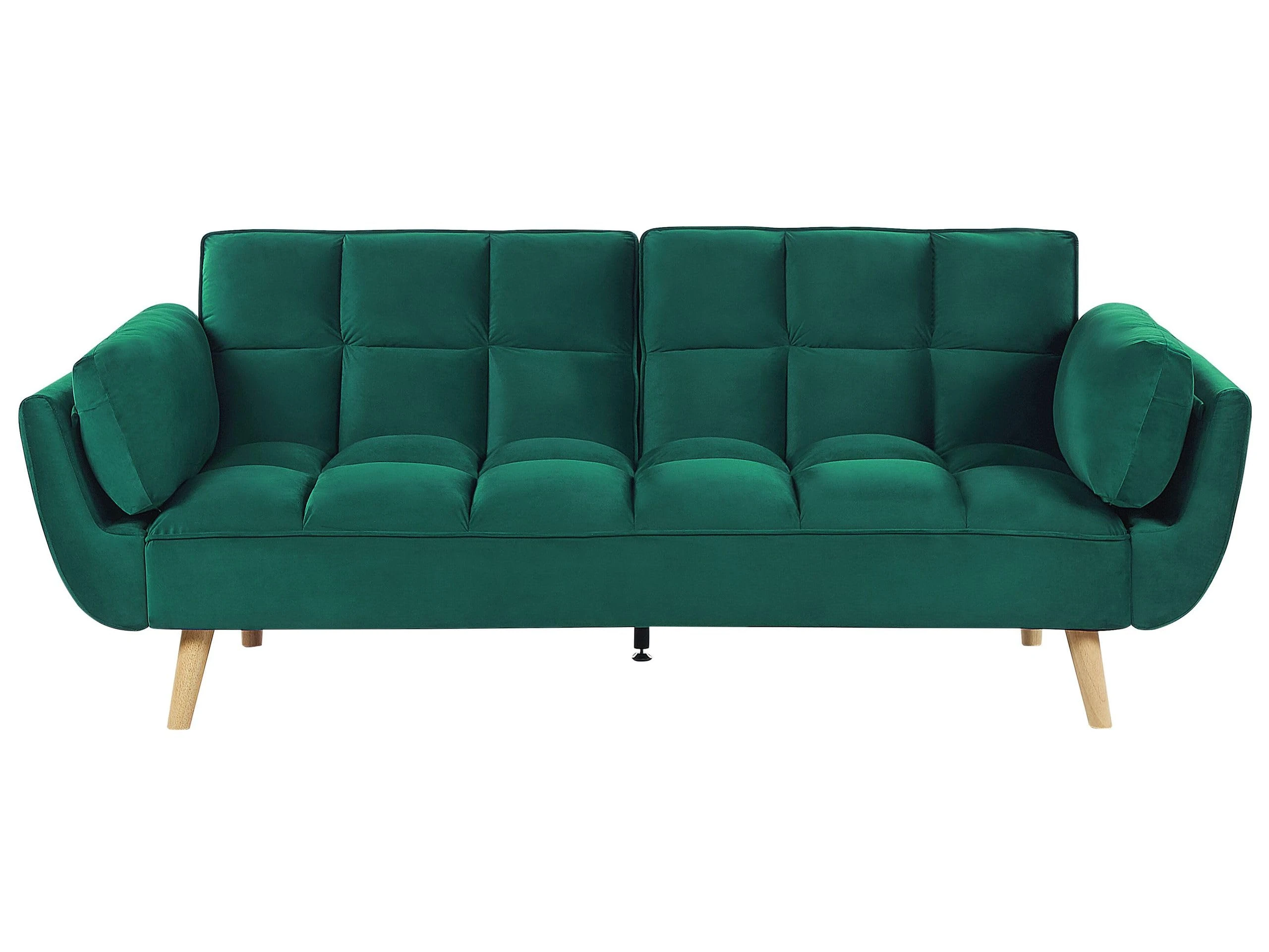 Velvet 3 Seater Sofa Bed Green Wooden Legs Woven Back Biscuit Padding Asby