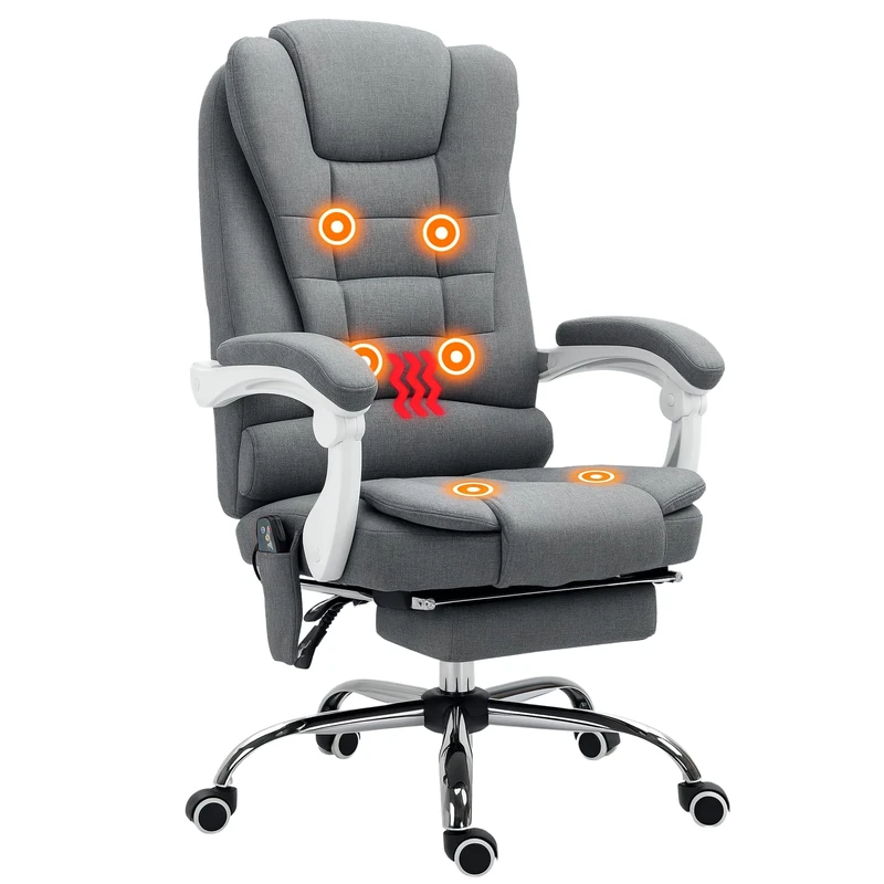 Vinsetto Massage Office Chair with 6-Point Vibrating & Heated Lumbar Support, Executive High Back Computer Desk Chair with Footrest, 135° Reclining, Breathable Linen-look Fabric, Grey