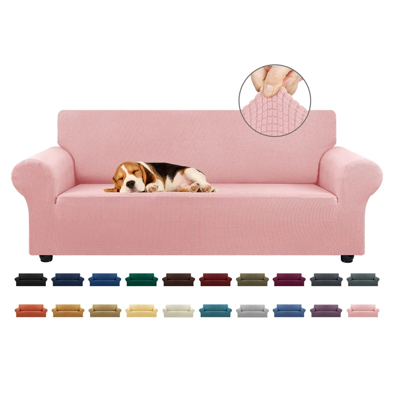 KEKUOU Stretch Sofa Cover Slipcover ，Couch Covers for 3 Cushion Couch Sofa pet Friendly (79"-94") Furniture Protector Sofa with Elastic Bottom for Kids,Dog, Jacquard Small Checked(Large,Dusty Pink)