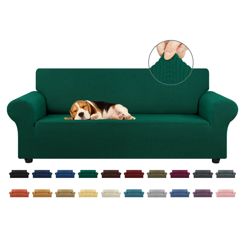 KEKUOU Stretch Sofa Cover Slipcover ，Couch Covers for 3 Cushion Couch Sofa (79"-94") Furniture Protector 3 Seater Sofa with Elastic Bottom for Kids,Dog, Jacquard Small Checked(Large,Hunter)