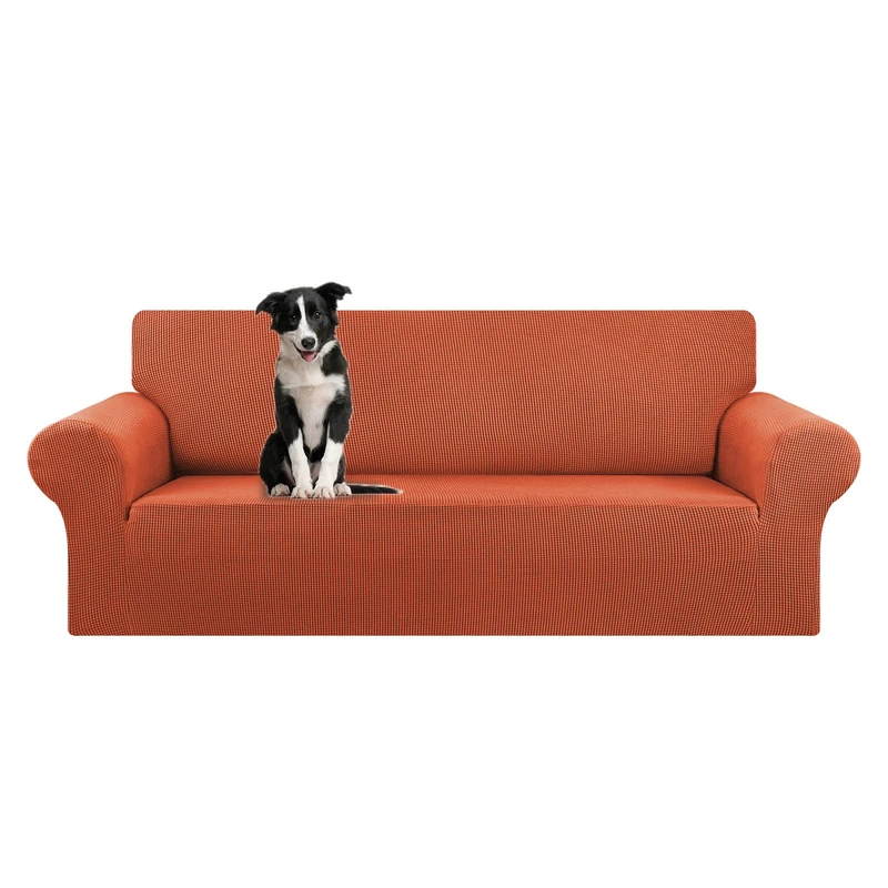 KEKUOU Stretch Oversized Sofa Slipcover 1 Piece Couch Sofa Cover (94"-110") Furniture Protector 4 Seater Sofa with Elastic Bottom for Kids,Pet.Jacquard Checked Pattern Fabric(X Large,Pureed Pumpkin)
