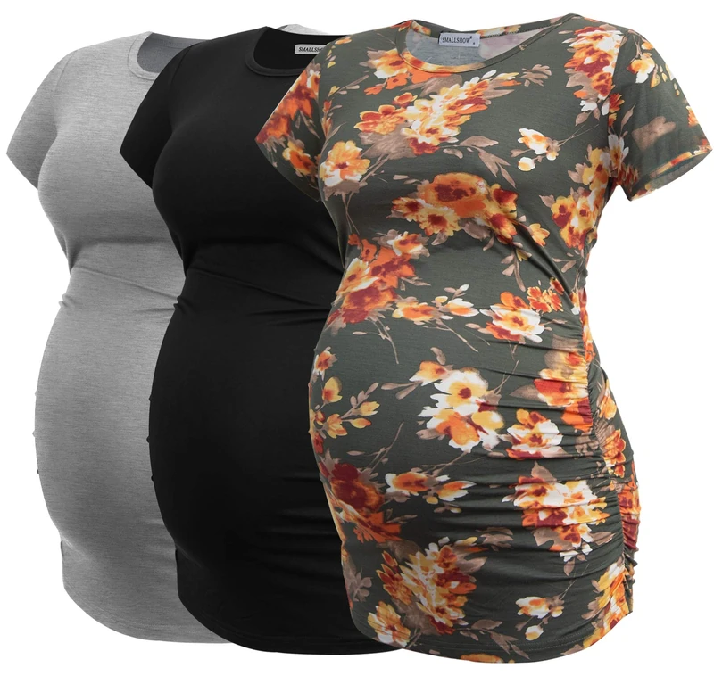 Smallshow Women's Maternity Tops Side Ruched Tunic T-Shirt Pregnancy Clothes, Black/Light Grey/Svp089, L