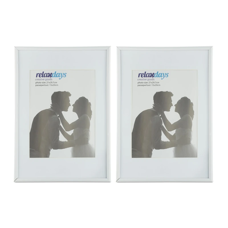 Relaxdays Photo Frame Set of 2, A4 Size, Passepartout 15 x 20 cm, Standing or Hanging, White