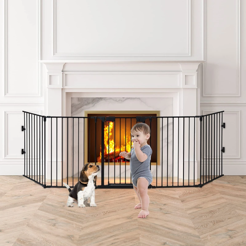 GYMAX 5 Panel Safety Gate, Fireplace Barrier Hearth Gate (Black)
