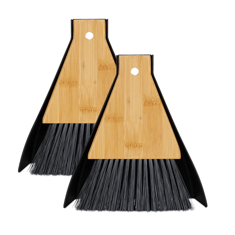 Relaxdays Mini Dustpan and Brush, Set of 2, Tabletop Broom, Dining Table & Kitchen, Bamboo & Plastic, Natural/Black