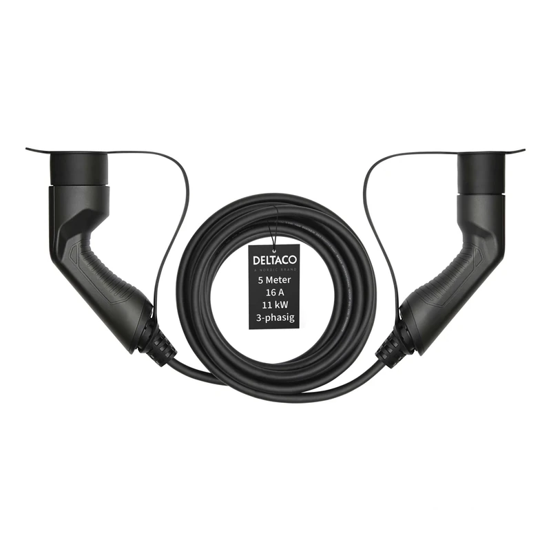 Deltaco Type 2 EV Charging Cable for Electric Cars and Hybrid Vehicles, Electric Car Charger Mennekes Cable, Compatible with ID.3, ID.4, Zoe, E-Tron, Model S/3/X/Y, Leaf, 3-Phase, 16A | 11kW, 5 Metres