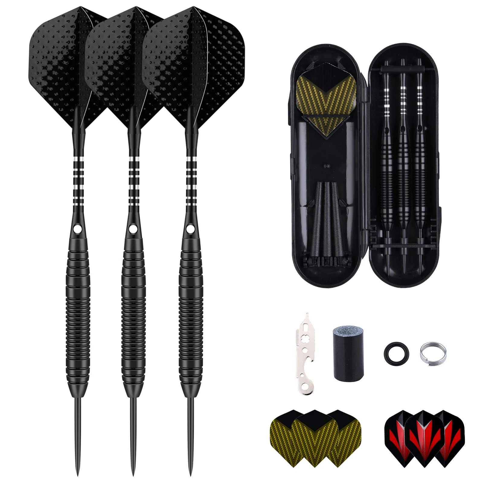 Professional 3 Pack 22 Grams Steel Tip Darts Set With Black Aluminum Shafts 9pcs Standard Flights + 50pcs Rubber O-Rings + 12pcs Spring Rings + 1pcs Dart Sharpener Tool