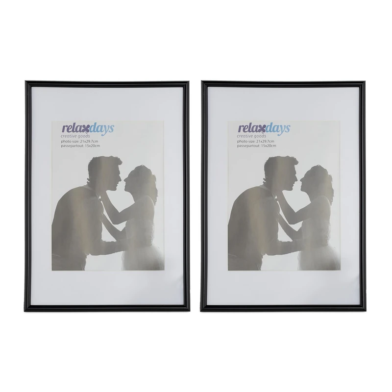Relaxdays Photo Frame Set of 2, 20 x 30 cm, Passepartout 15 x 20 cm, Standing or Hanging, Black