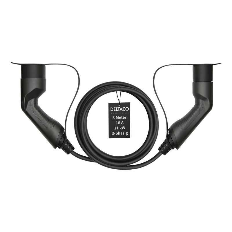 DELTACO Type 2 EV Charging Cable for Electric Cars and Hybrid Vehicles, Electric Car Charger Mennekes Cable, Compatible with ID.3, ID.4, Zoe, E-Tron, Model S/3/X/Y, Leaf, 3-Phase, 16A | 11kW, 3 Metres