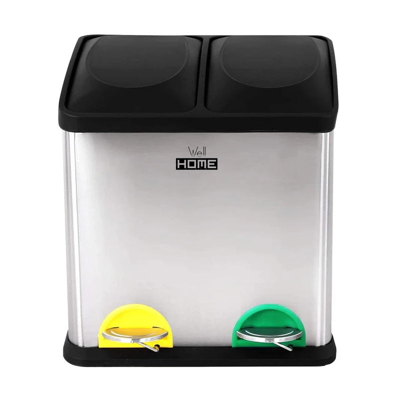 Wellhome Eco-friendly 30L 2 Compartment Waste/Recycling Bins, Large Capacity, for Paper, Glass and Plastic, Optimal for Home/Office/Indoor/Outdoor, Silver (Chrome), 30L [Amazon Exclusive]