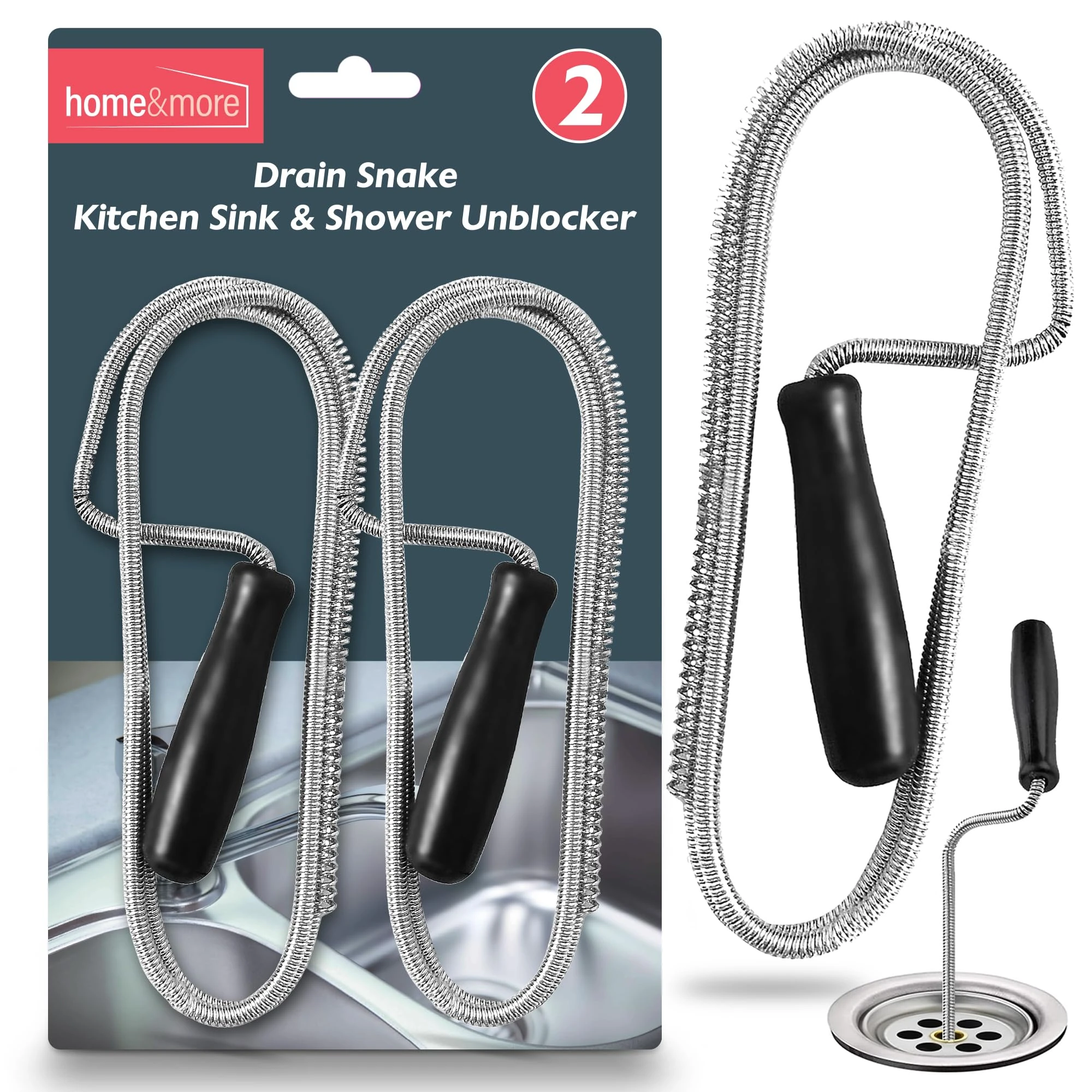 SOL 2pk Drain Snake Kitchen and Shower Unblocker - 100cm Kitchen Sink Unblocker Tool, Plumbing Snake for Drain Cleaning, Shower & Sink Drain Auger, Drain Unblocking Brush for Kitchen & Bathroom Pipes