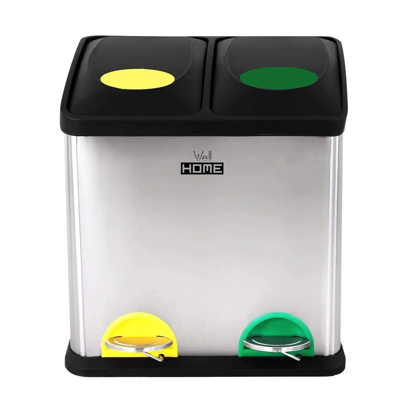 Wellhome 16 Litre Eco 2 Compartments, Recycling Rubbish Bins, Large Capacity, for Paper, Glass and Plastic, Ideal for Home/Office/Indoor/Outdoor, Silver (Chrome), 16L [Amazon Exclusive]