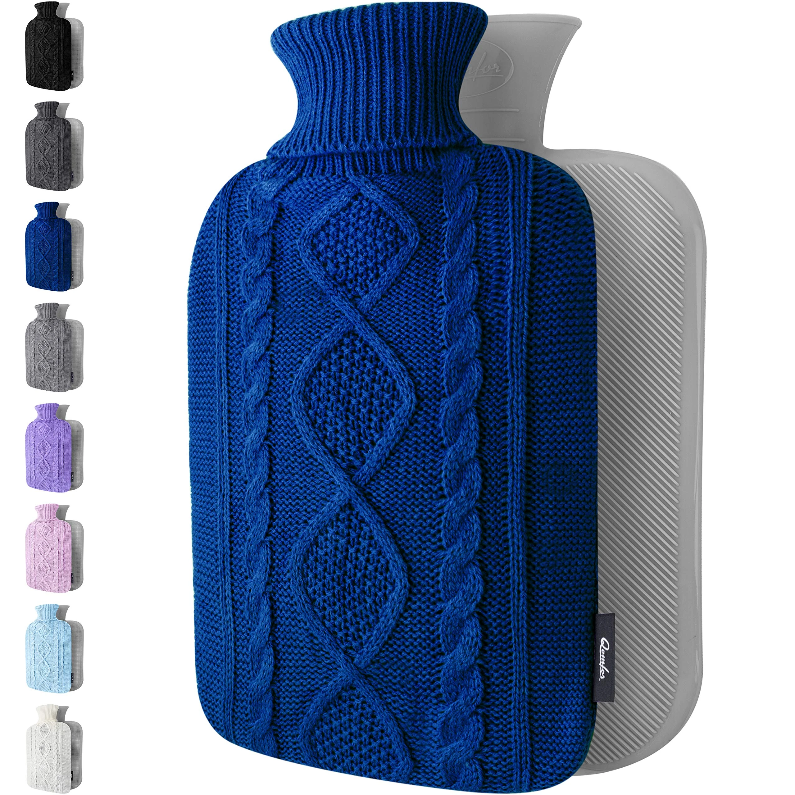 Qomfor Hot Water Bottle with Cover UK - Soft Premium Faux Fur, 1.8L Hot Water Bottle for Period Pain Relief, Back Pain & Shoulder Pain - Cozy Gifts for Women & Men - Luxury Comfort (Dark Blue)