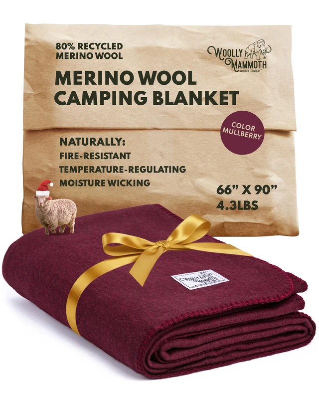 Woolly Mammoth Merino Wool Blanket - Large 66" x 90", 4LBS Camp Blanket | Throw for The Cabin, Cold Weather, Emergency, Dog Camping Gear, Hiking, Survival, Army, Outside, Outdoors – Burgundy