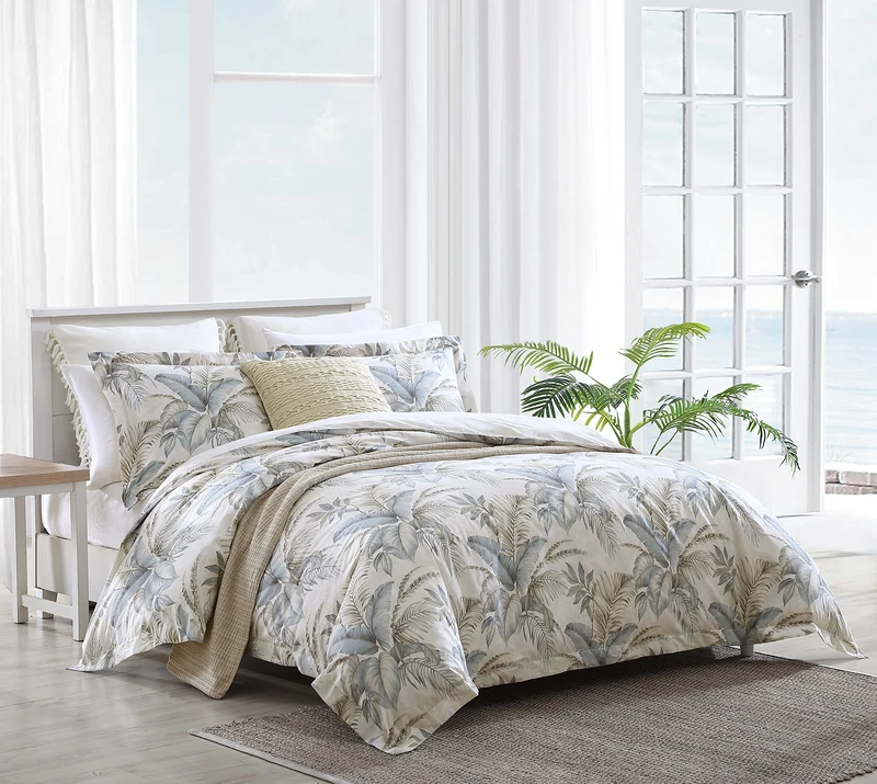 Tommy Bahama Reversible Cotton Bedding with Matching Shams, All Season Home Decor, 100%, White/Blue/Grey, Queen