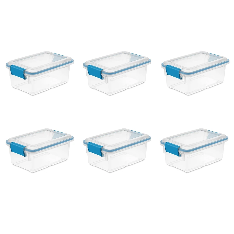 Sterilite 7.5 Qt Gasket Box, Stackable Storage Bin with Latching Lid and Tight Seal, Plastic Container to Organize Basement, Clear Base, Lid, 6-Pack - Image 1