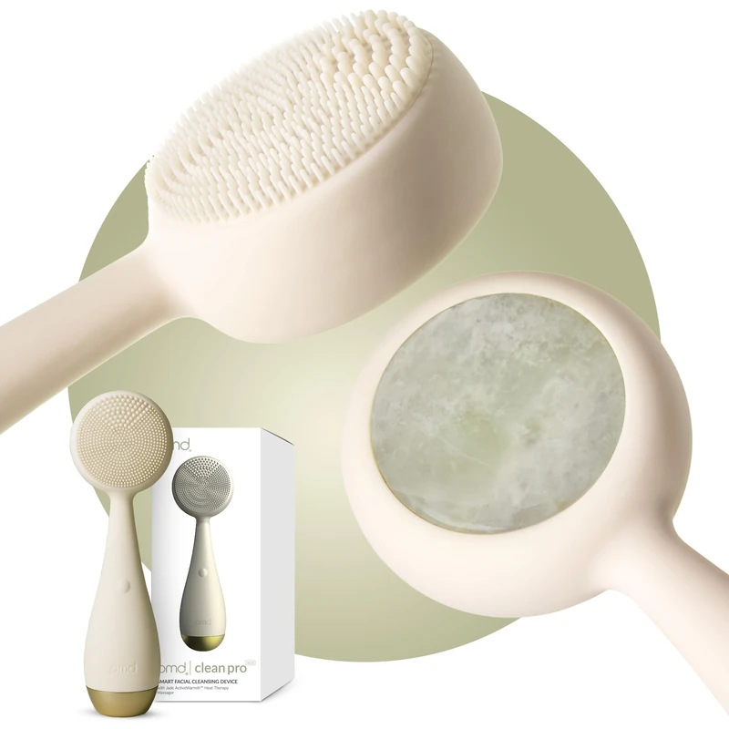 PMD Clean Pro Jade - Smart Facial Cleansing Device with Silicone Brush & Jade Gemstone ActiveWarmth Anti-Aging Massager - Waterproof - SonicGlow Vibration - Clear Pores & Blackheads