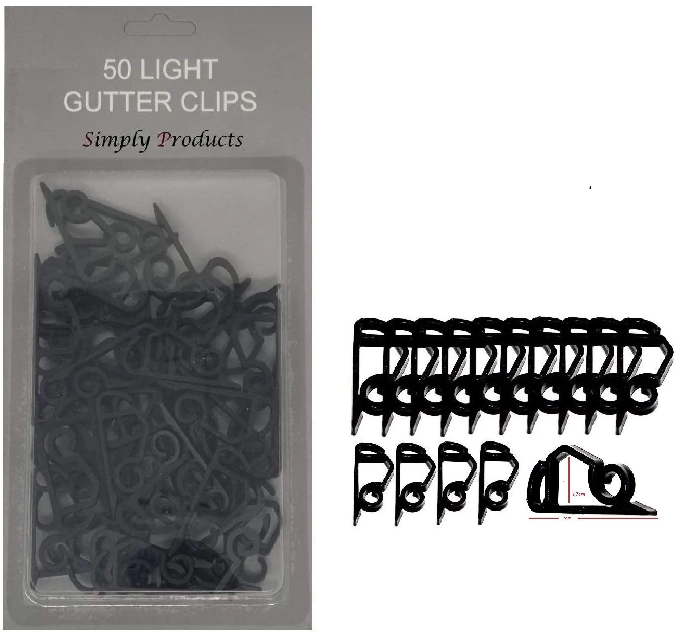 Simply Products 50 Gutter Hooks for Hanging Outdoor Christmas Xmas String Lights/Rope Lights Gutter Clips (Black)