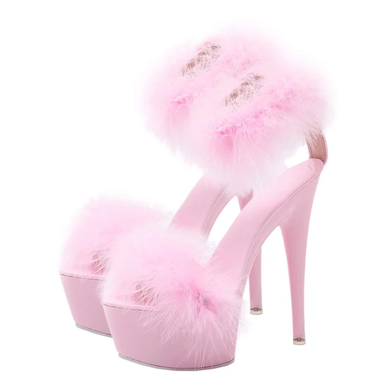 Women High Heels Sandals with Feather Fashion Sandals Fluffy High Heels Shoes 1 Pair Pink