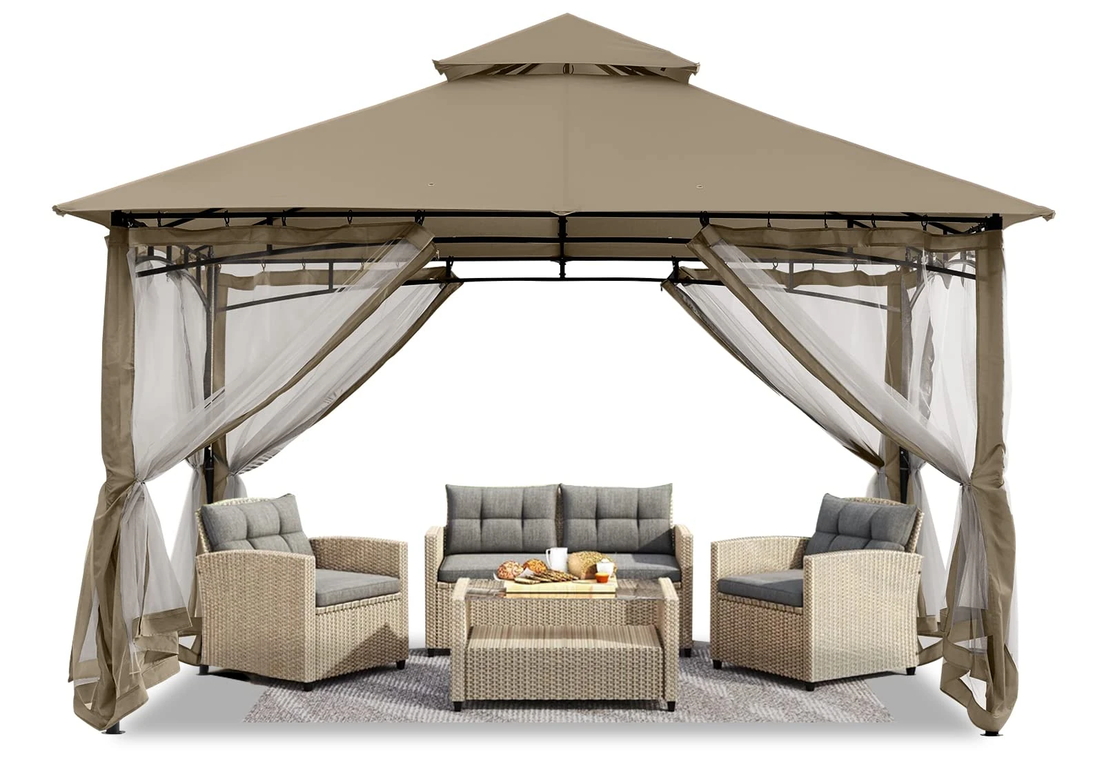 ABCCANOPY 3x3M Outdoor Gazebos With Netting for Patios Double Roof Soft Canopy Garden Backyard Gazebo for Shade and Rain (Khaki)