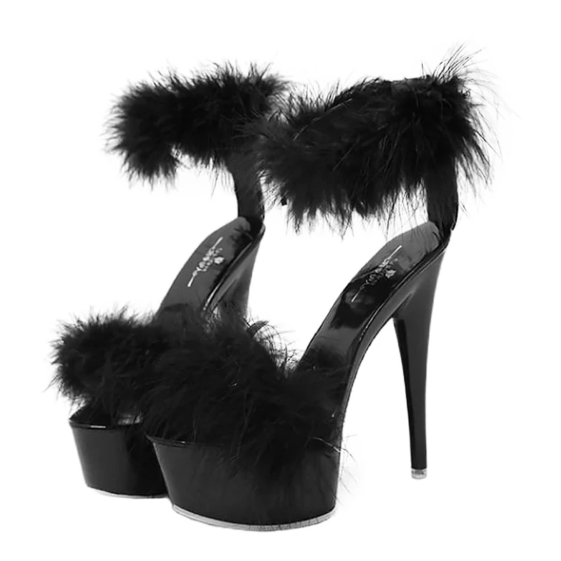 Women High Heels Sandals with Feather Fashion Sandals Fluffy High Heels Shoes 1 Pair Black