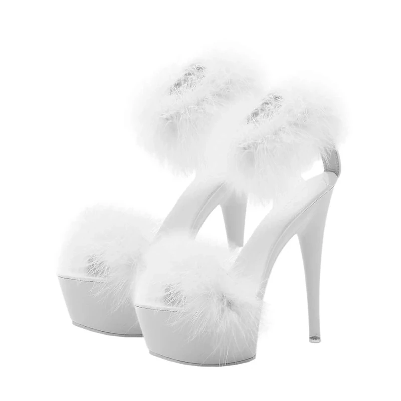 Women High Heels Sandals with Feather Fashion Sandals Fluffy High Heels Shoes 1 Pair White