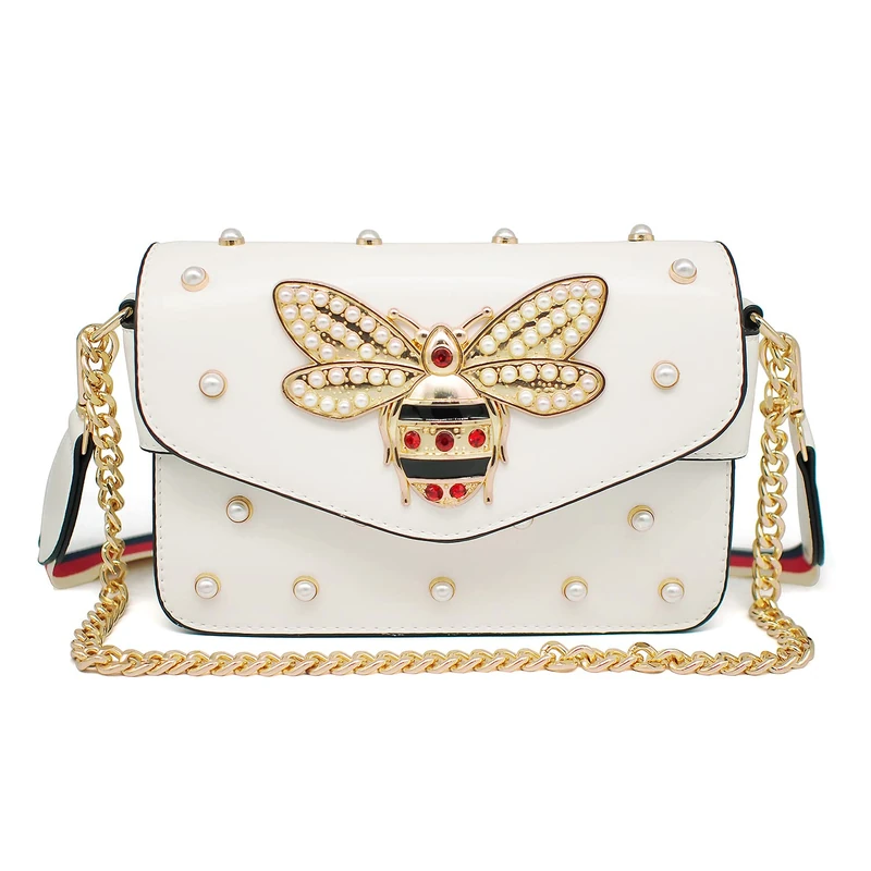 Beatfull Designer Bee Purse Fashion Crossbody Bags with Pearl for Women Pu Leather Shoulder Clutch Handbags, White2, L - Image 1